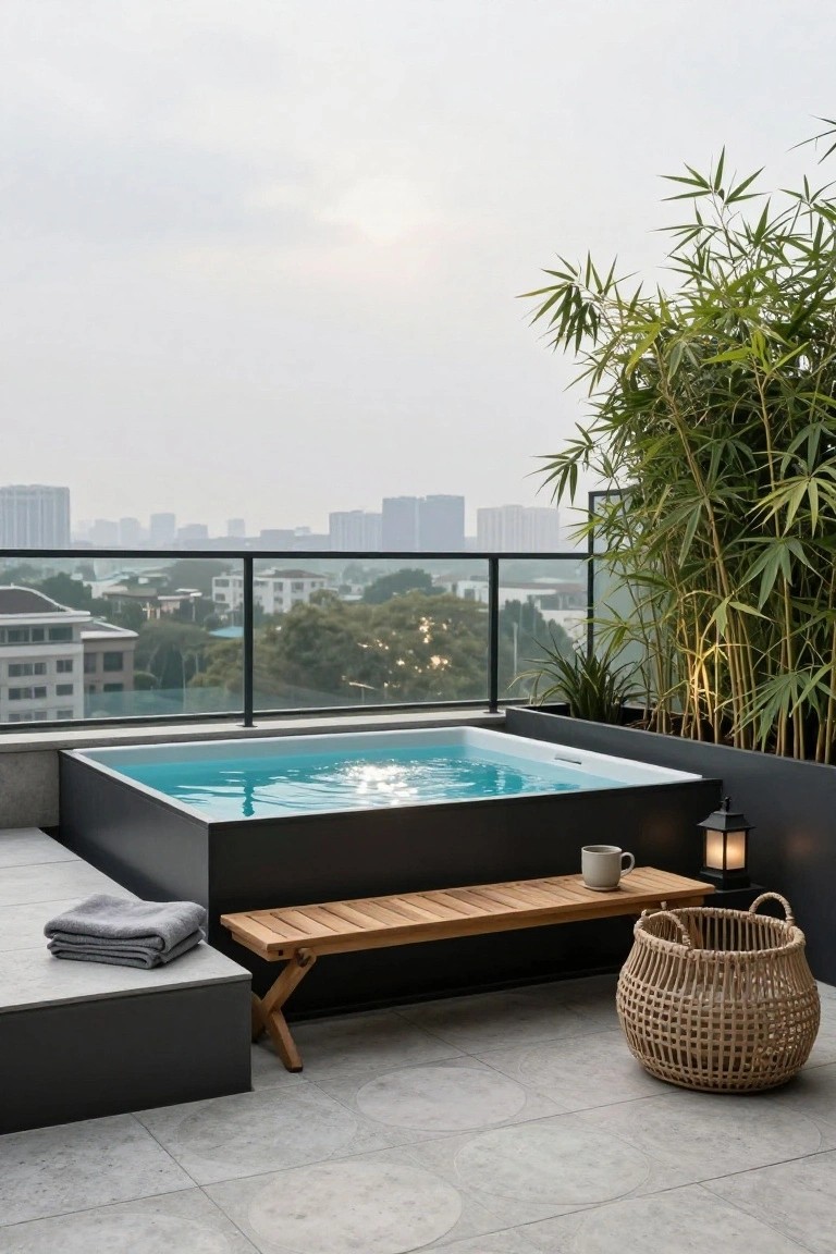21 Stylish Poly Stock Tank Pool Ideas For A Smooth Setup Rooftop terrace with rectangular turquoise pool in black frame, tall bamboo plants along glass railing, wooden bench holding gray towel and mug, lantern light, woven basket, and city buildings in background.