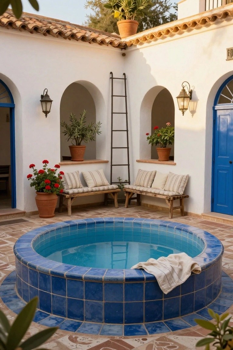 21 Stylish Poly Stock Tank Pool Ideas For A Smooth Setup Round blue-tiled pool centered in a white stucco courtyard with arched blue doors, wooden benches with cushions, potted red geraniums and olive trees, wall lanterns, and a metal ladder.