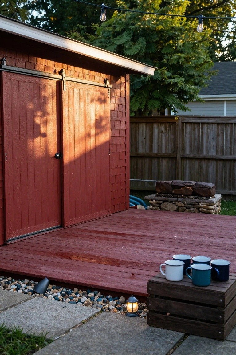 21 Stylish Poly Stock Tank Pool Ideas For A Smooth Setup Red wood shed with sliding doors next to a matching red-stained deck featuring a stone fire pit, wooden crate with enamel mugs, lantern, and string lights in a backyard setting.