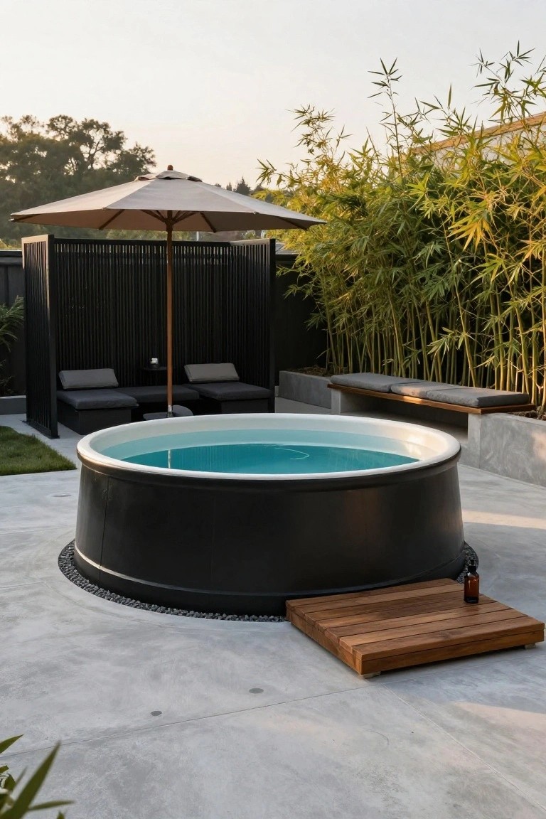 21 Stylish Poly Stock Tank Pool Ideas For A Smooth Setup Round black stock tank pool with turquoise water on a concrete patio, next to black slatted screens, gray loungers, beige umbrella, wooden step, and bamboo plants.