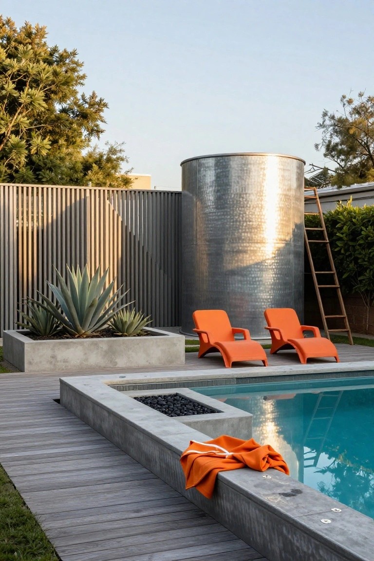 21 Stylish Poly Stock Tank Pool Ideas For A Smooth Setup A backyard pool area with a tall shiny cylindrical metal stock tank, wooden ladder leaning against it, two orange lounge chairs on a wooden deck nearby, a concrete planter with agave plants, a fire pit at the pool edge, and turquoise pool water.