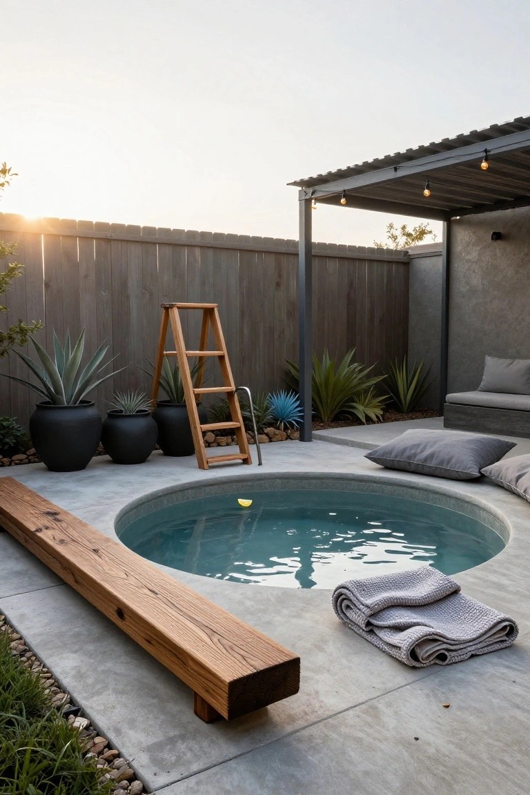 21 Stylish Poly Stock Tank Pool Ideas For A Smooth Setup Circular turquoise stock tank pool set into a concrete patio with a wooden A-frame ladder, long wooden bench, folded towels, potted agave plants, cushions on a built-in seat, and a metal-roofed pergola overhead.