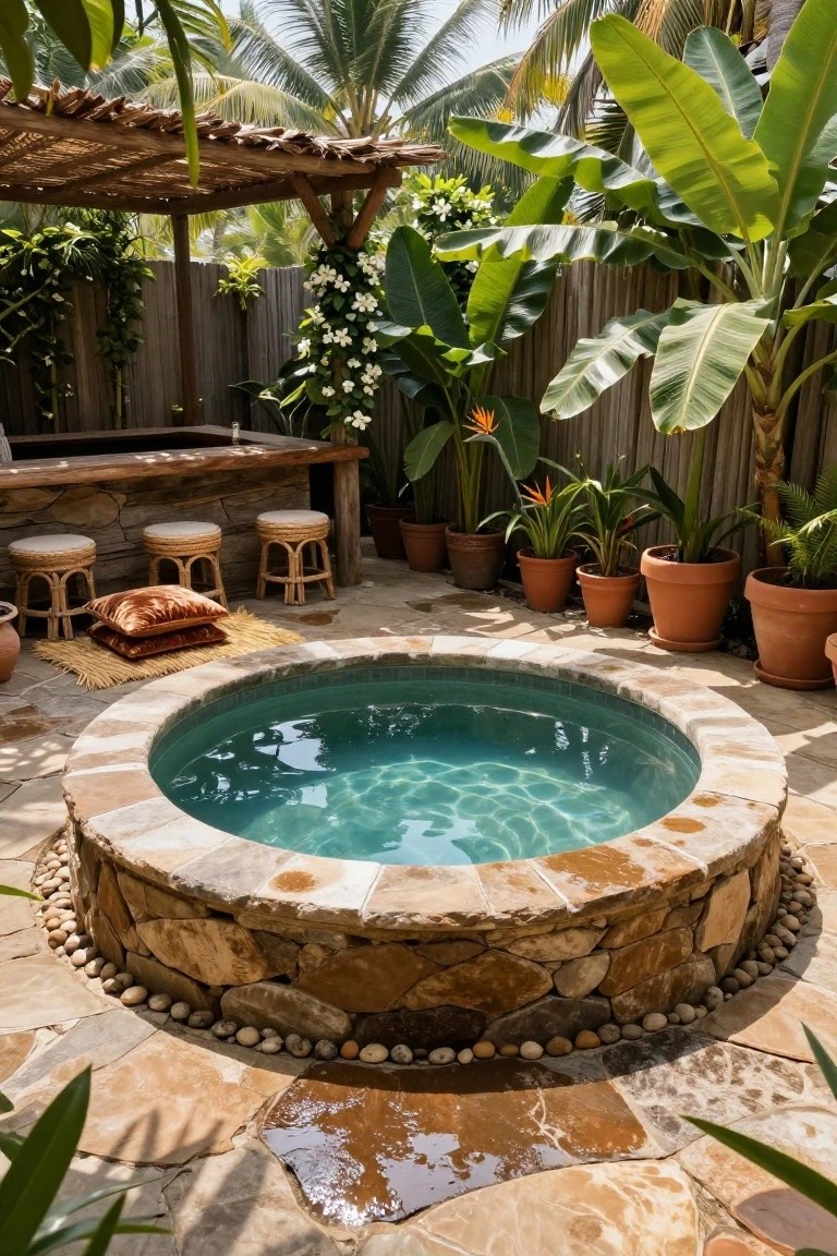 21 Stylish Poly Stock Tank Pool Ideas For A Smooth Setup Round stone hot tub in a tropical outdoor patio with lush plants, wooden bar counter, rattan stools with pillows, and terracotta pots.