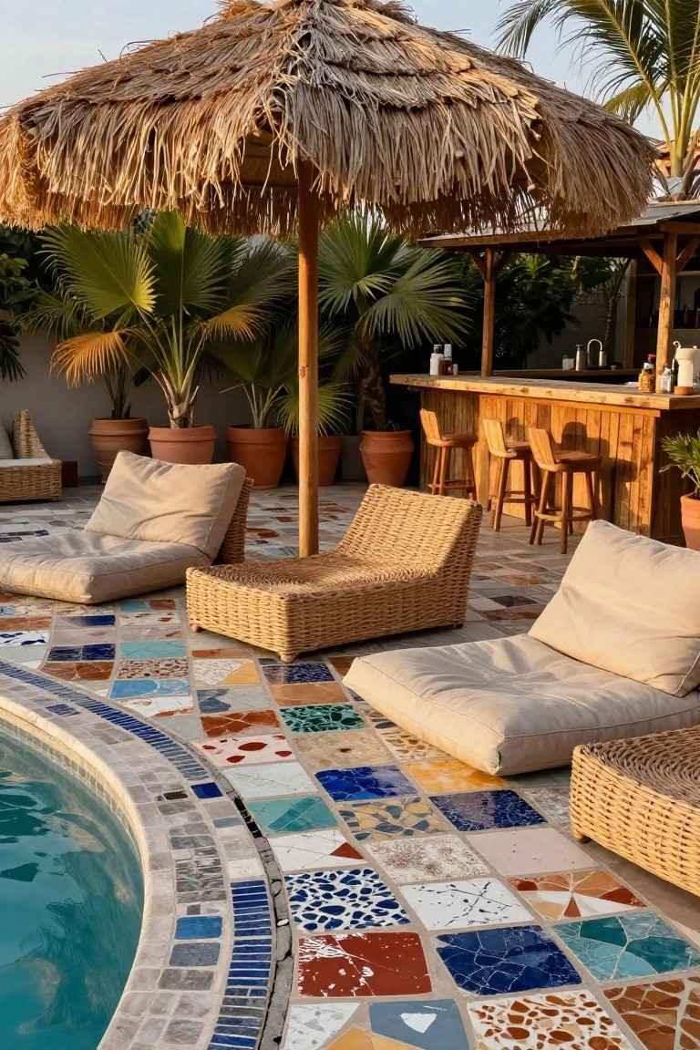 Pool deck featuring multicolored mosaic tiles in blues, reds, yellows, and whites curving around a turquoise pool, with wicker chairs, cushions, a thatched umbrella, potted plants, and a wooden bar nearby under palm trees.