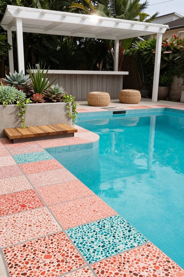 Backyard swimming pool with turquoise water edged by terrazzo deck tiles in pink, coral, teal, and white aggregates, featuring a wooden bench, concrete planters with succulents, wicker stools, and a white pergola with bar top amid tropical plants.