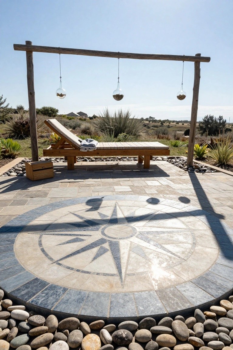 Stone patio deck with central compass rose tile pattern, wooden sun lounger, wooden frame holding hanging glass orbs with nuts, surrounded by river rocks and desert plants under blue sky.
