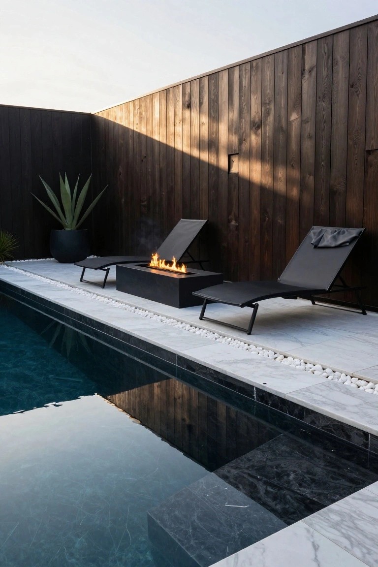 Pool deck paved in white marble tiles with pebble borders, featuring black loungers, a linear gas fire pit, agave plant in black pot, and dark wood fence next to a rectangular blue pool.