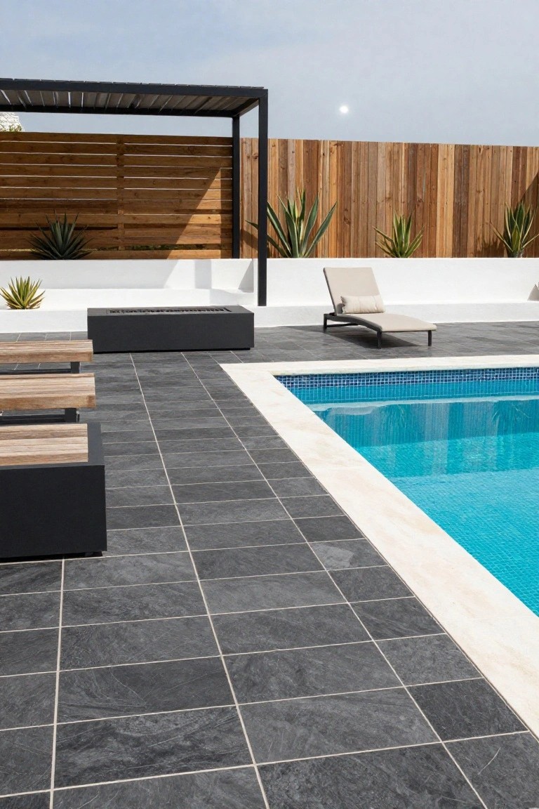 Pool deck paved with dark gray rectangular slate tiles adjacent to a bright blue mosaic-tiled pool with white edging, featuring a black fire pit, wooden benches, beige lounge chair, agave plants, pergola, and slatted wooden fence.