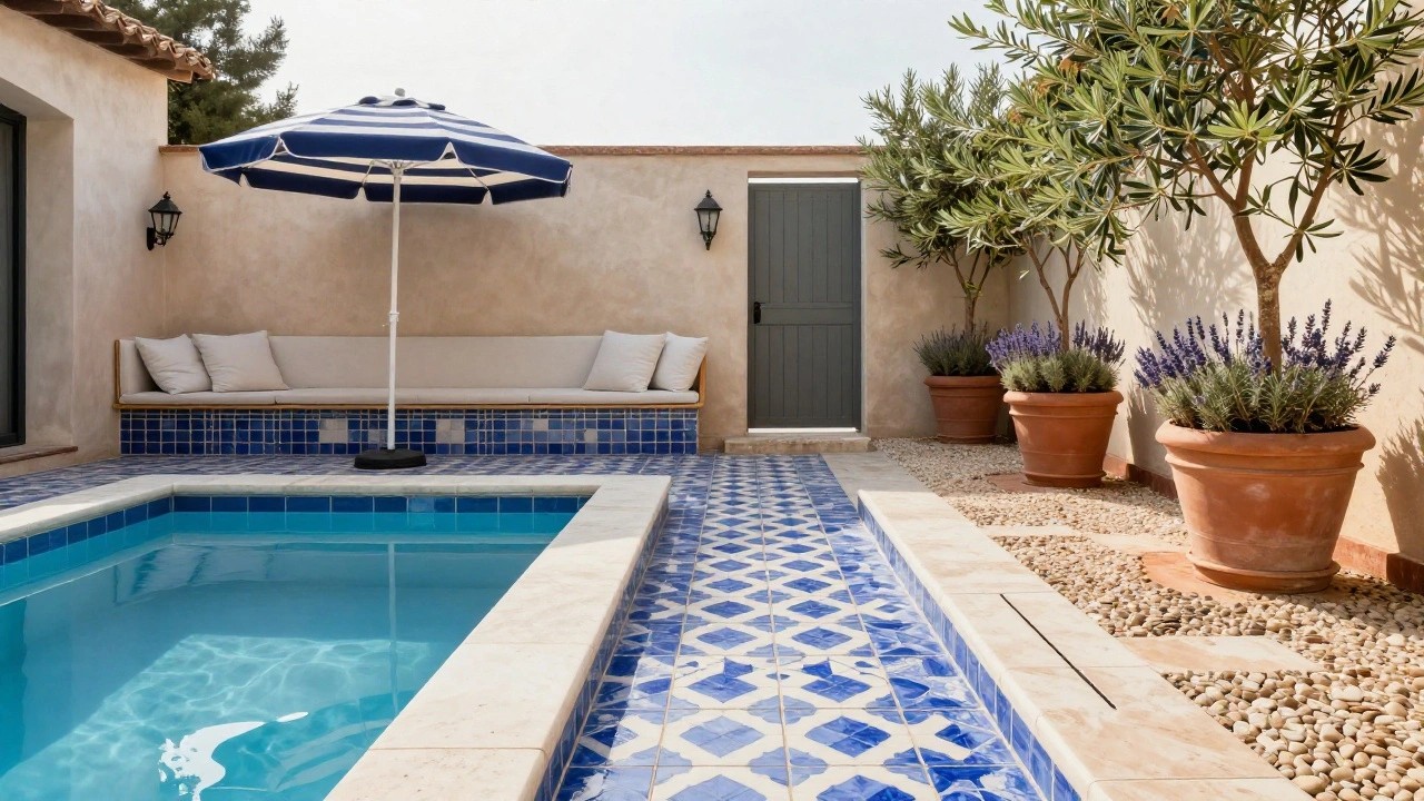 Pool deck of light beige travertine tiles with pebble-filled borders beside a rectangular blue-tiled pool, blue mosaic tiled wall with gray door and lantern, white lounge bench, blue-and-white striped umbrella, and terracotta pots of lavender.