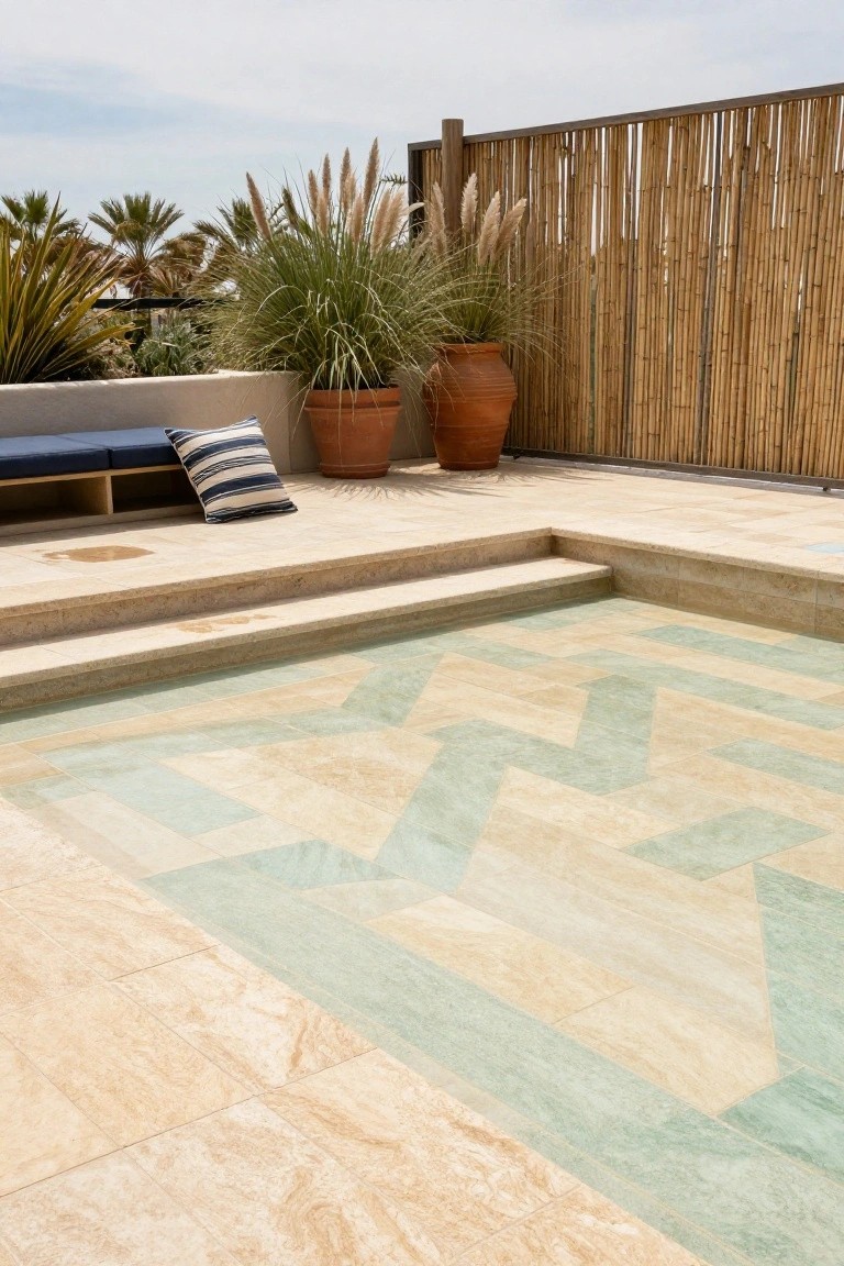 Rooftop pool deck with geometric beige and teal tile pattern, stone steps, potted grasses and terracotta pots, bamboo privacy fence, and built-in blue bench with striped pillow.