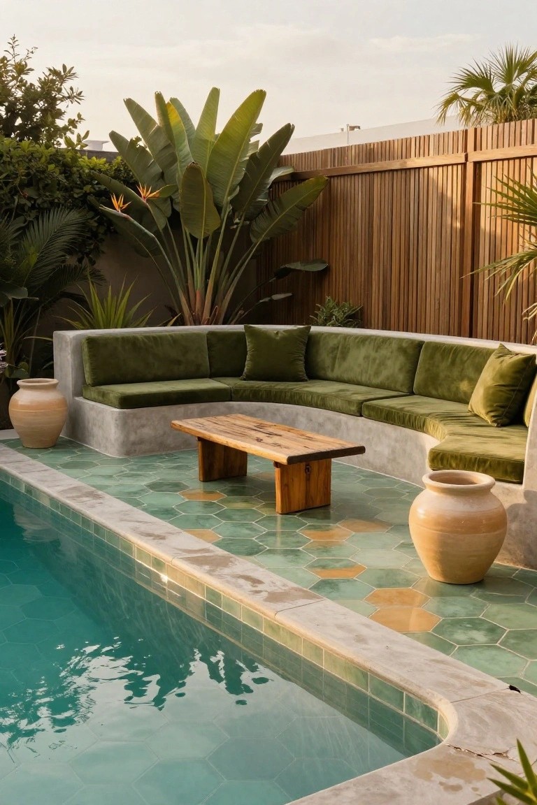 Poolside built-in green velvet bench seating with wooden coffee table, terracotta pots, tropical plants, wooden fence, and emerald green hexagonal tiles with yellow hexagonal accents bordering a turquoise pool.