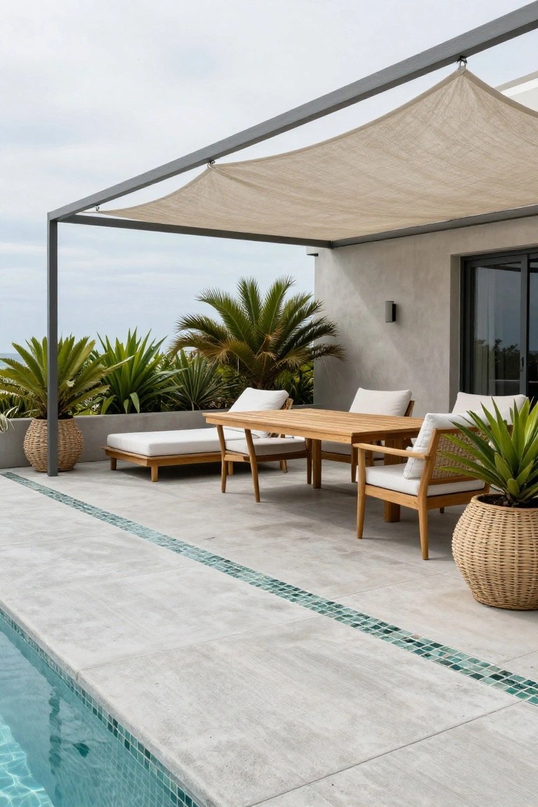 Light gray tiled pool deck with a thin green mosaic tile border along the pool edge, wooden dining table and chairs under a beige fabric-shaded metal pergola, potted plants, and palm trees nearby.