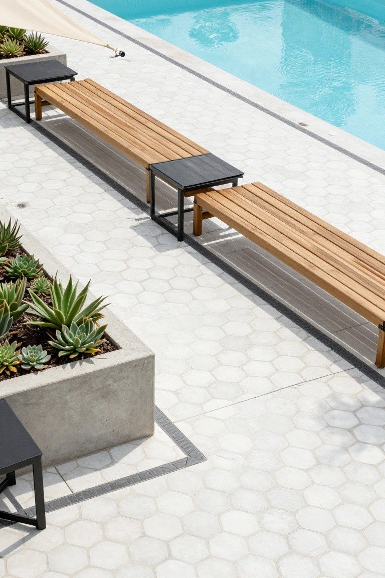 Overhead view of a pool deck with white hexagonal tiles, wooden benches, black metal tables, concrete planters filled with succulents, and a turquoise swimming pool.