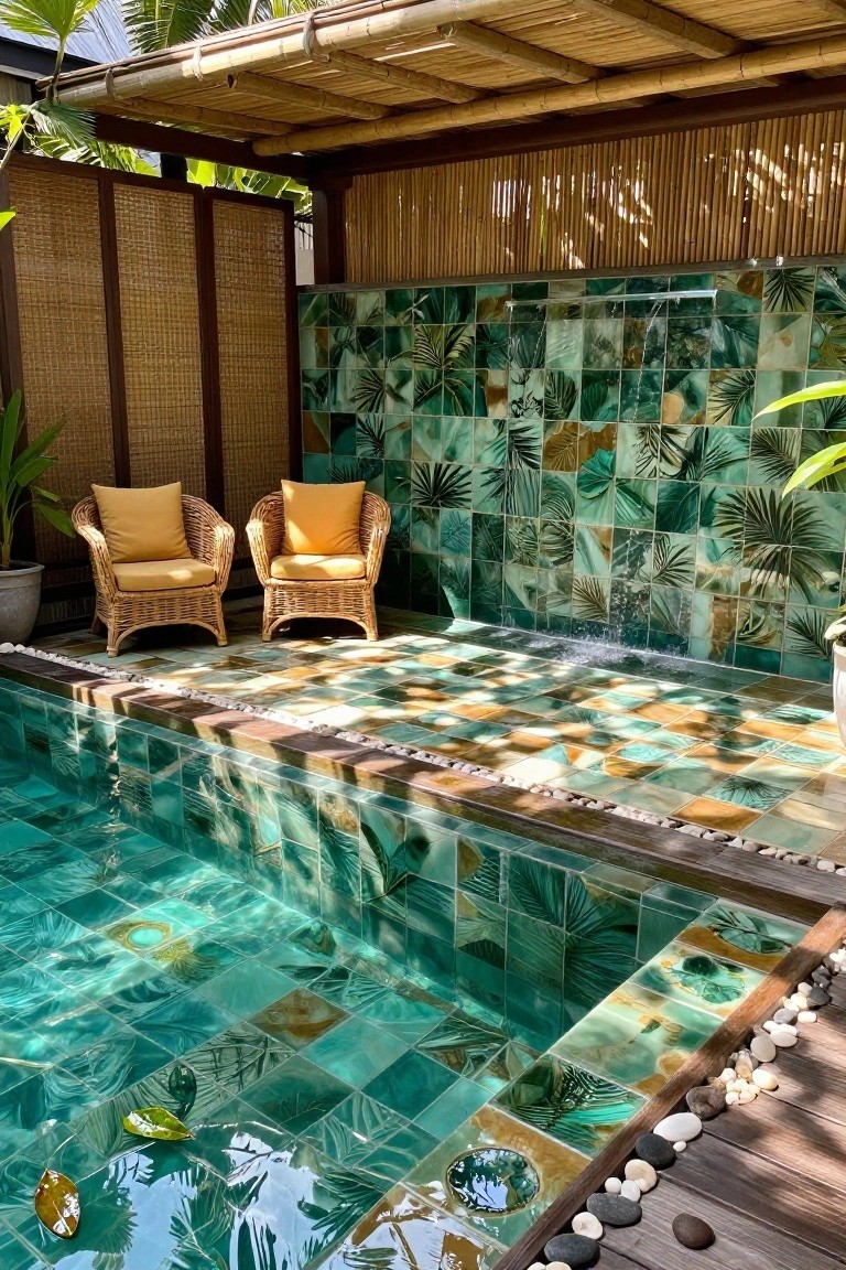 Small rectangular pool with turquoise water edged in glossy green tiles featuring tropical leaf patterns, yellow rattan chairs on matching tiled deck, bamboo screens and pergola overhead, potted plants and pebbles nearby.