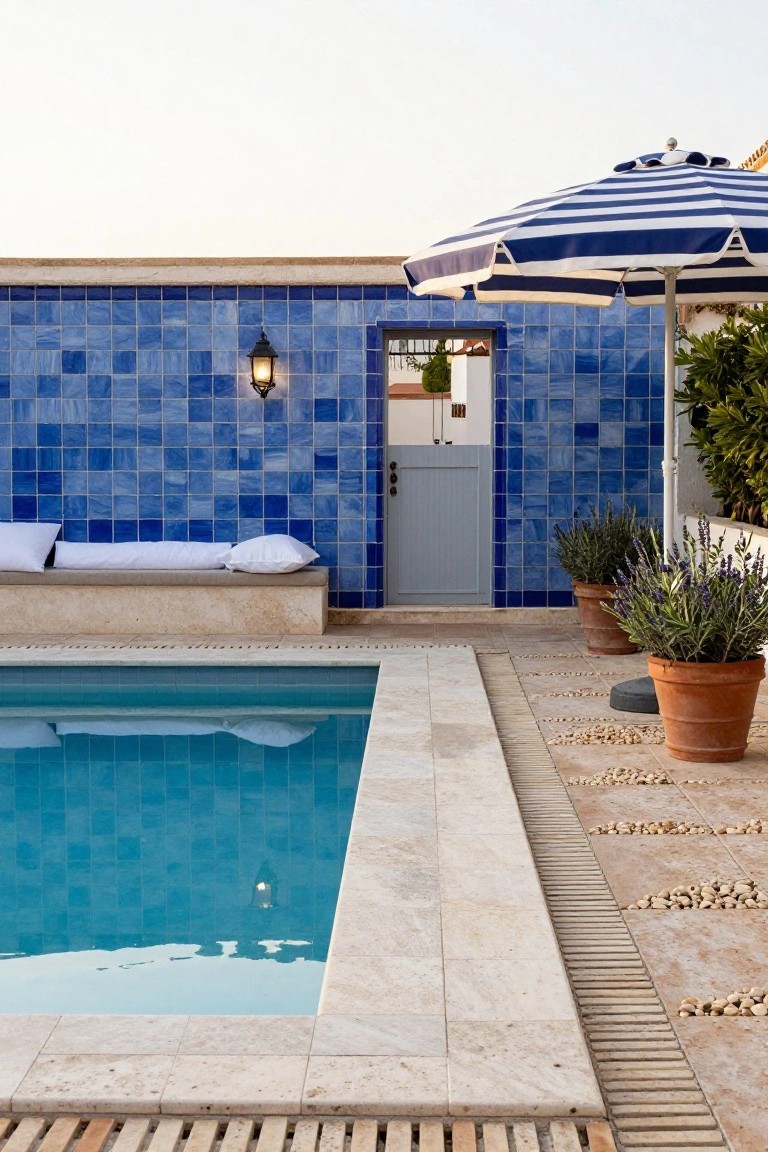 Pool deck of light beige travertine tiles with pebble-filled borders beside a rectangular blue-tiled pool, blue mosaic tiled wall with gray door and lantern, white lounge bench, blue-and-white striped umbrella, and terracotta pots of lavender.