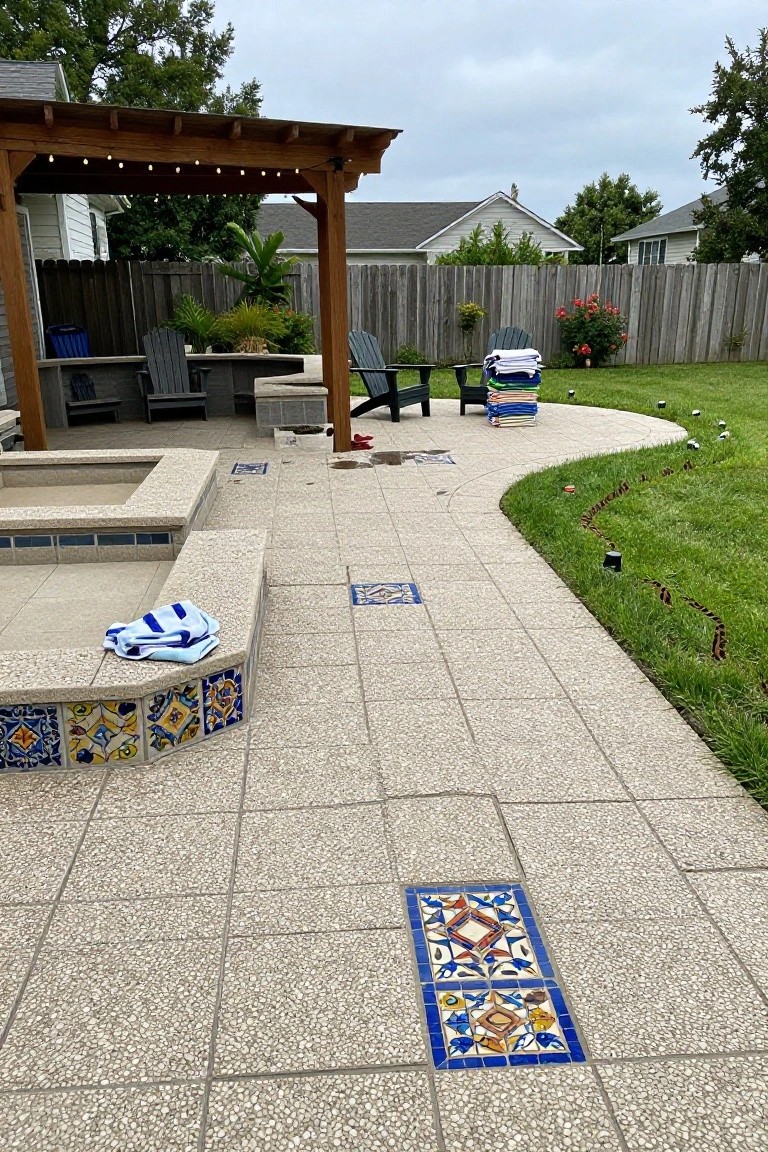Backyard pool deck of light gray concrete pavers with colorful blue, yellow, and white patterned tile inserts around a raised hot tub platform, lounge chairs, stacked towels, and adjacent grass and landscaping under a wooden pergola.