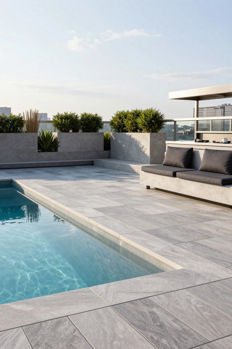 Rooftop pool area with light gray porcelain tiles on the deck, concrete seating and planters nearby, and a glimpse of city buildings in the background.