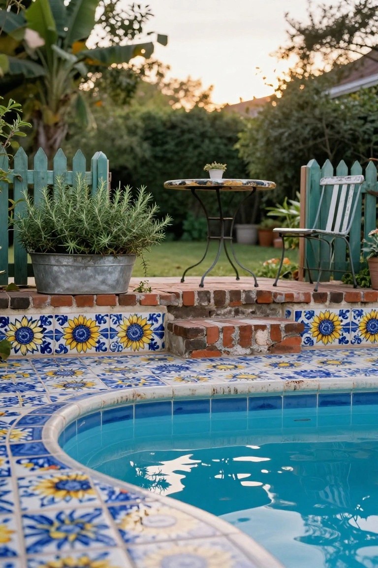 Close-up view of a turquoise pool edged with blue and yellow sunflower-patterned tiles, brick steps with matching tiles, potted rosemary plant, small metal table with potted plant, wooden chair, and green picket fence in a backyard garden.