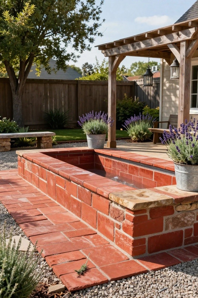 Raised red brick pool basin surrounded by red terracotta pavers in a backyard with lavender plants in metal buckets, wooden pergola structure, benches, and gravel edging.