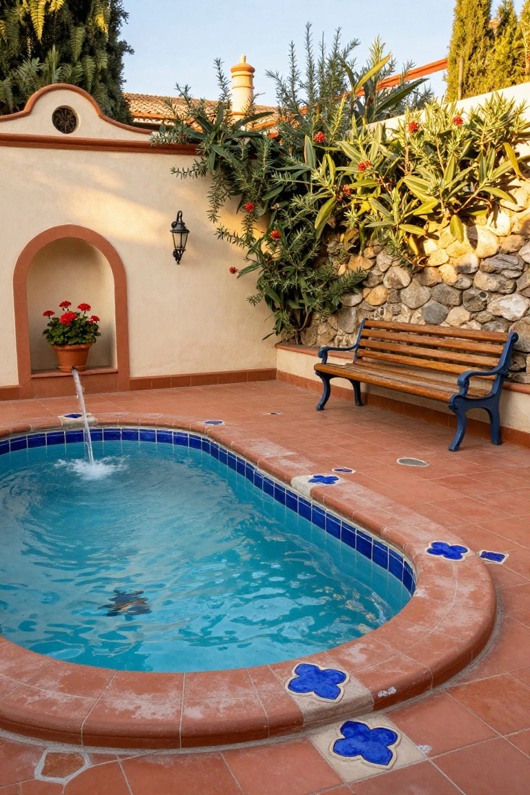 Oval turquoise pool surrounded by terracotta deck tiles with embedded blue clover-shaped inserts, next to a wooden bench against a beige stucco wall with plants, red flowers in a niche, and a wall fountain.