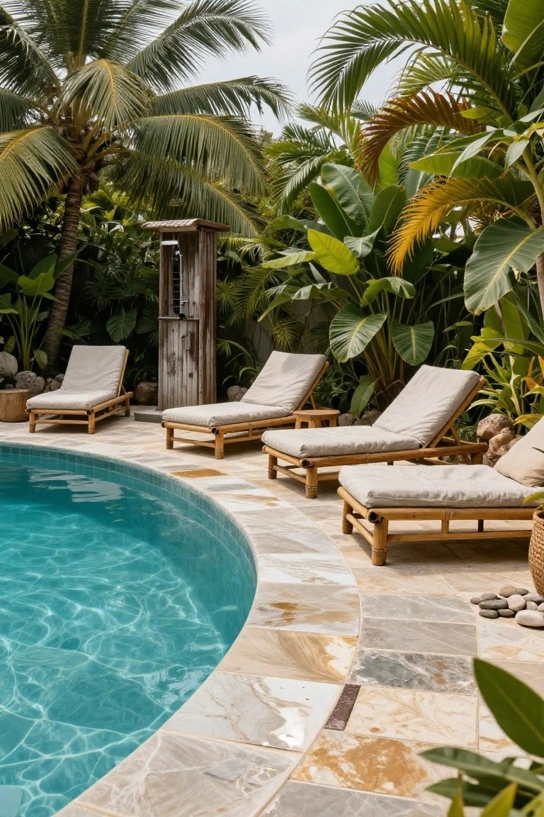 Curved turquoise pool edged with light beige mottled stone tiles, flanked by bamboo lounge chairs with beige cushions, tropical plants, rocks, and a wooden outdoor shower structure.