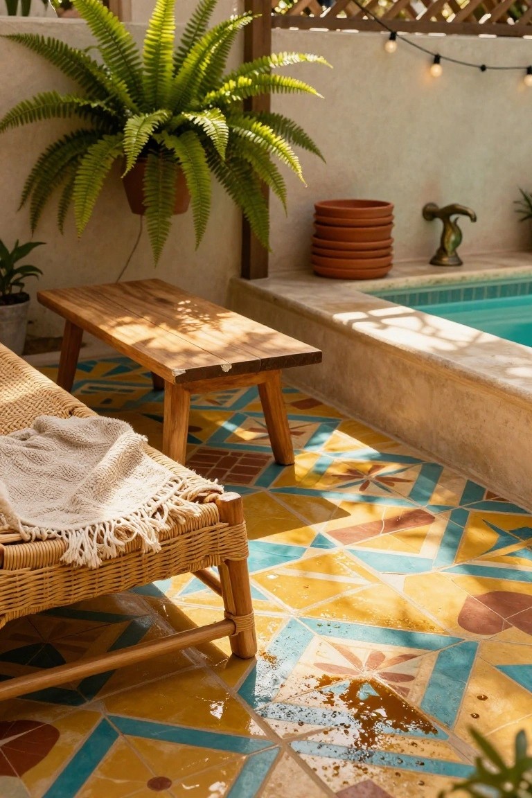 Pool deck with multicolored geometric tiles in yellow, blue, and red, wooden bench, rattan chair with white throw, stacked terracotta pots, bronze sculpture, hanging ferns, potted plants, and string lights by turquoise pool.