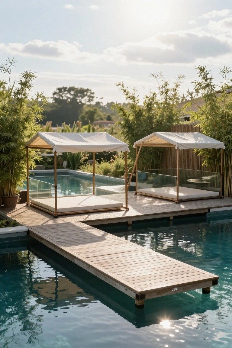 Two elevated daybeds with white canvas canopies and bamboo frames on a wooden dock extending into a turquoise pool, surrounded by bamboo plants and greenery.