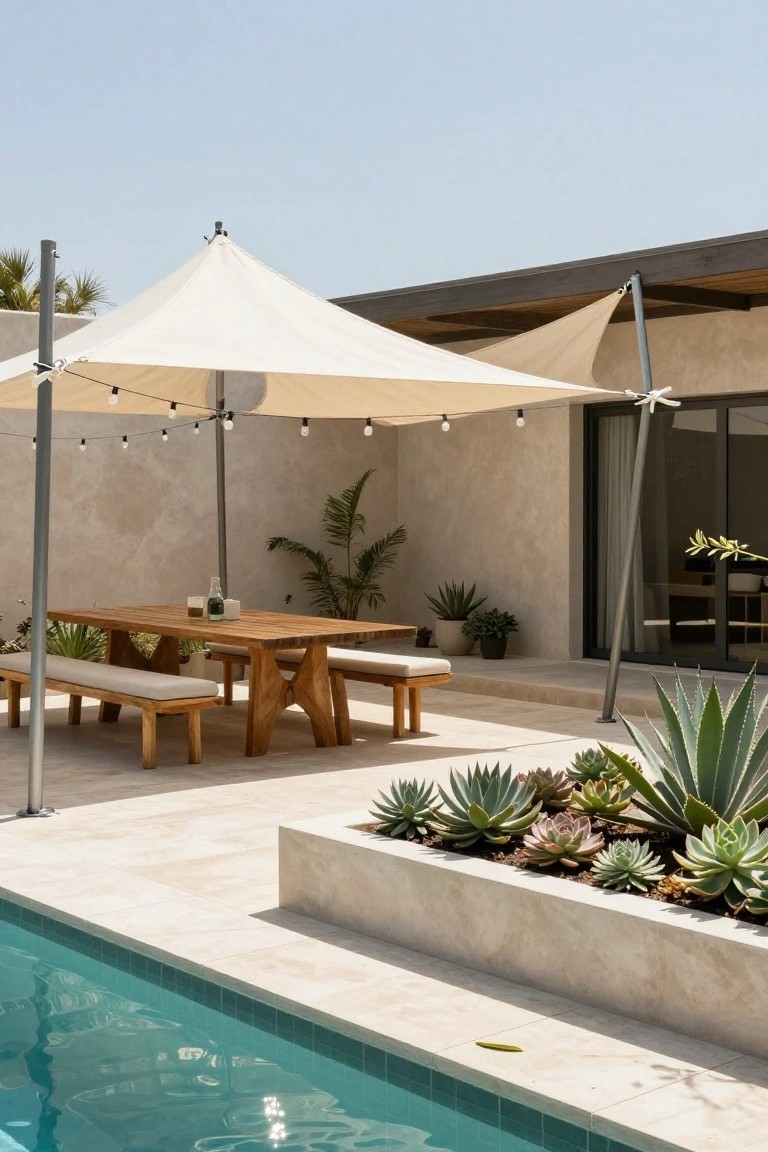 Beige cantilever umbrella with string lights shading a wooden rectangular dining table and benches on a light stone patio adjacent to a turquoise pool, with agave plants in a raised bed and beige stucco walls.