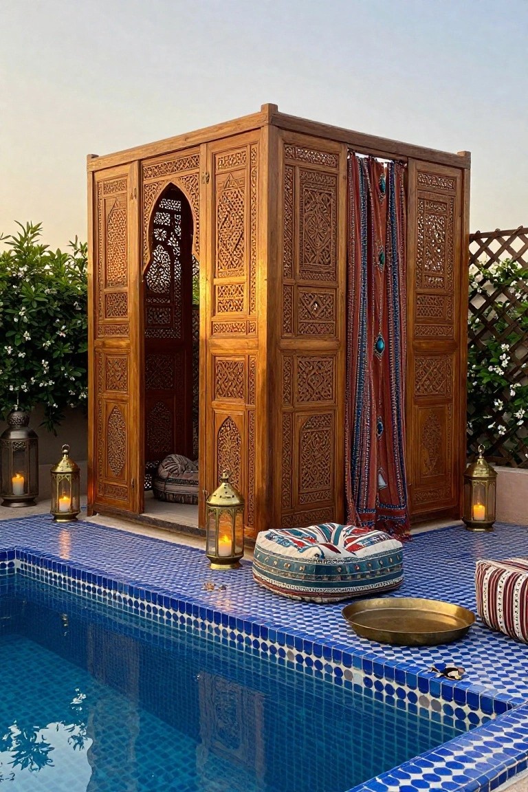 Wooden pavilion with carved arched doors and hanging colorful fabrics positioned next to a blue mosaic-tiled pool, with lanterns, cushions, and poufs nearby.