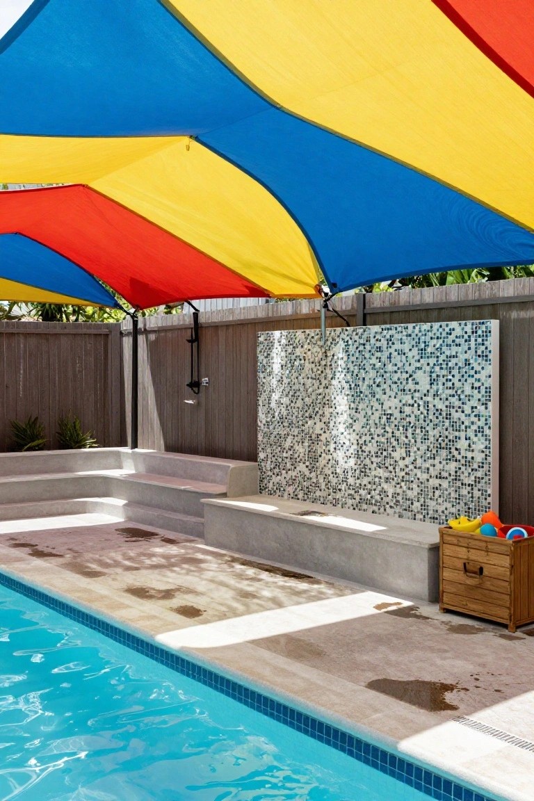 Backyard pool edged in tile with overhead triangular shade sails in blue, yellow, red, and orange, concrete steps, mosaic-tiled outdoor shower wall, wooden toy basket, and wooden fence.