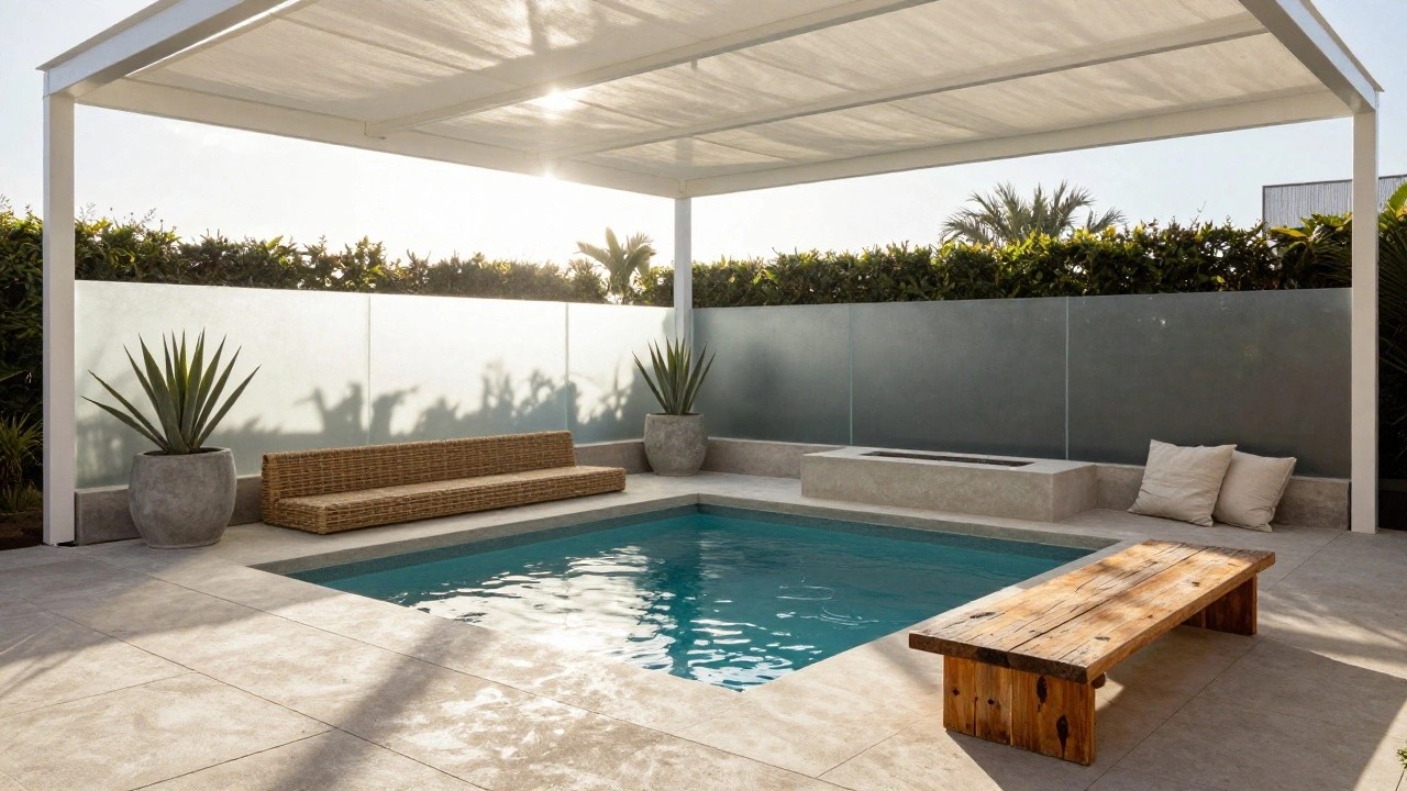 Outdoor pool area featuring a turquoise pool, wooden deck with built-in fire pit table, rattan lounge seating with cushions, potted agave plants, and a white fabric canopy stretched over a black metal pergola structure.