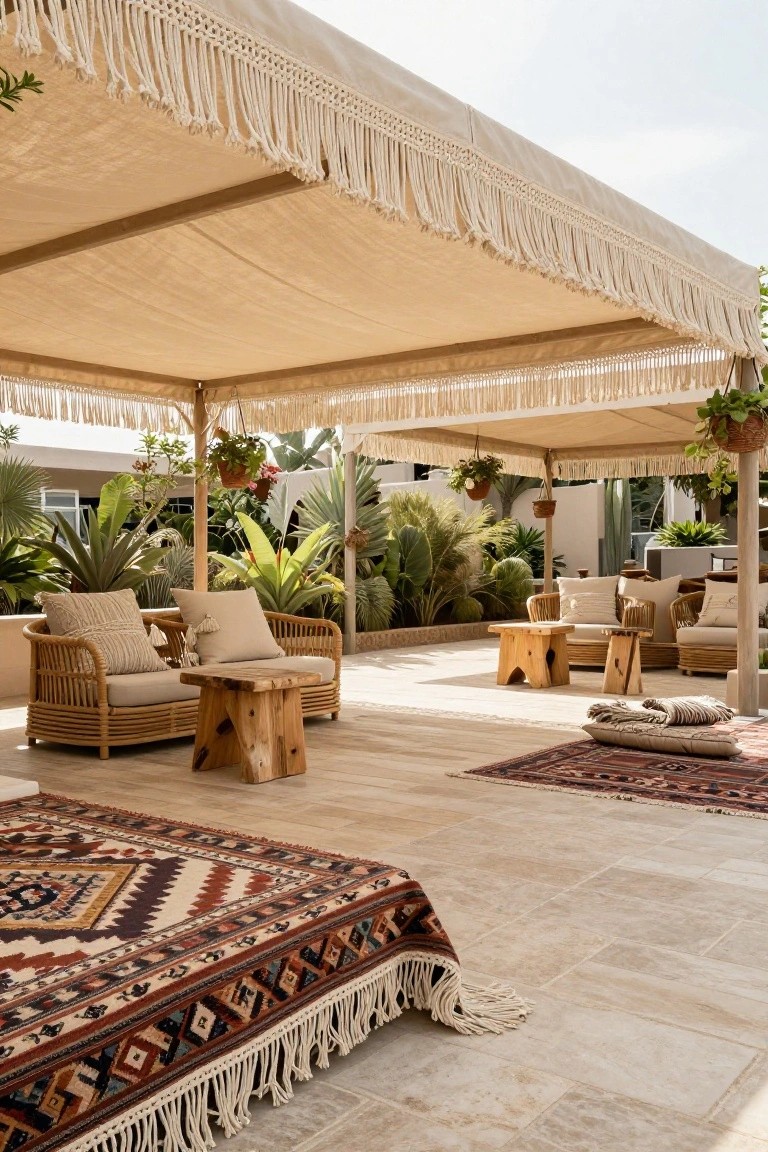 Beige fringed canopy shading rattan lounge chairs, cushions, wooden stools, and patterned rugs on a tiled outdoor terrace surrounded by potted plants and tropical greenery.