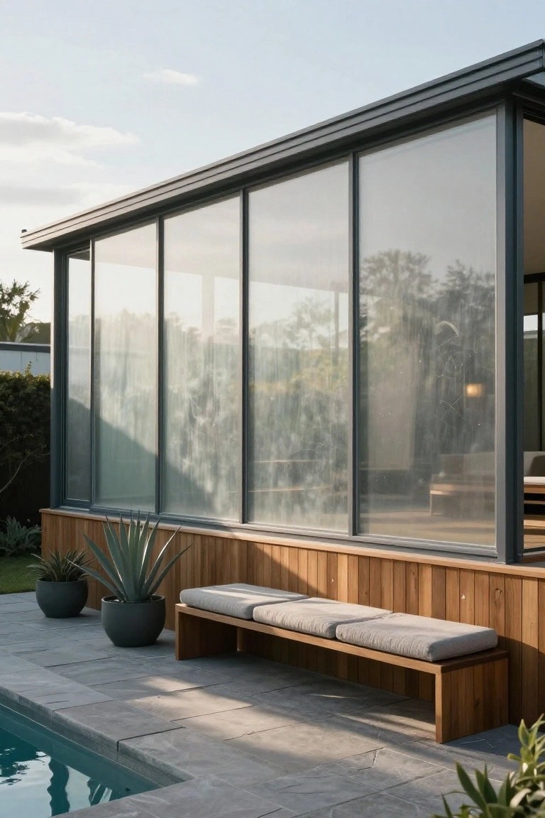 Modern glass-walled pavilion next to an infinity-edge pool, with a cushioned wooden bench on gray stone pavers flanked by two large potted agave plants.