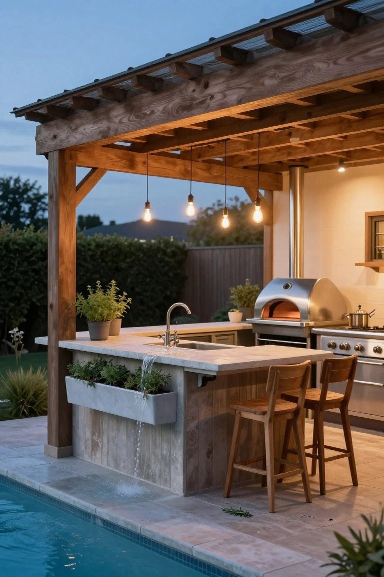 Wooden pergola with hanging lights shading an outdoor kitchen featuring a pizza oven, sink, cooktop, countertop, potted plants, and wooden bar stools, positioned next to a pool at dusk.