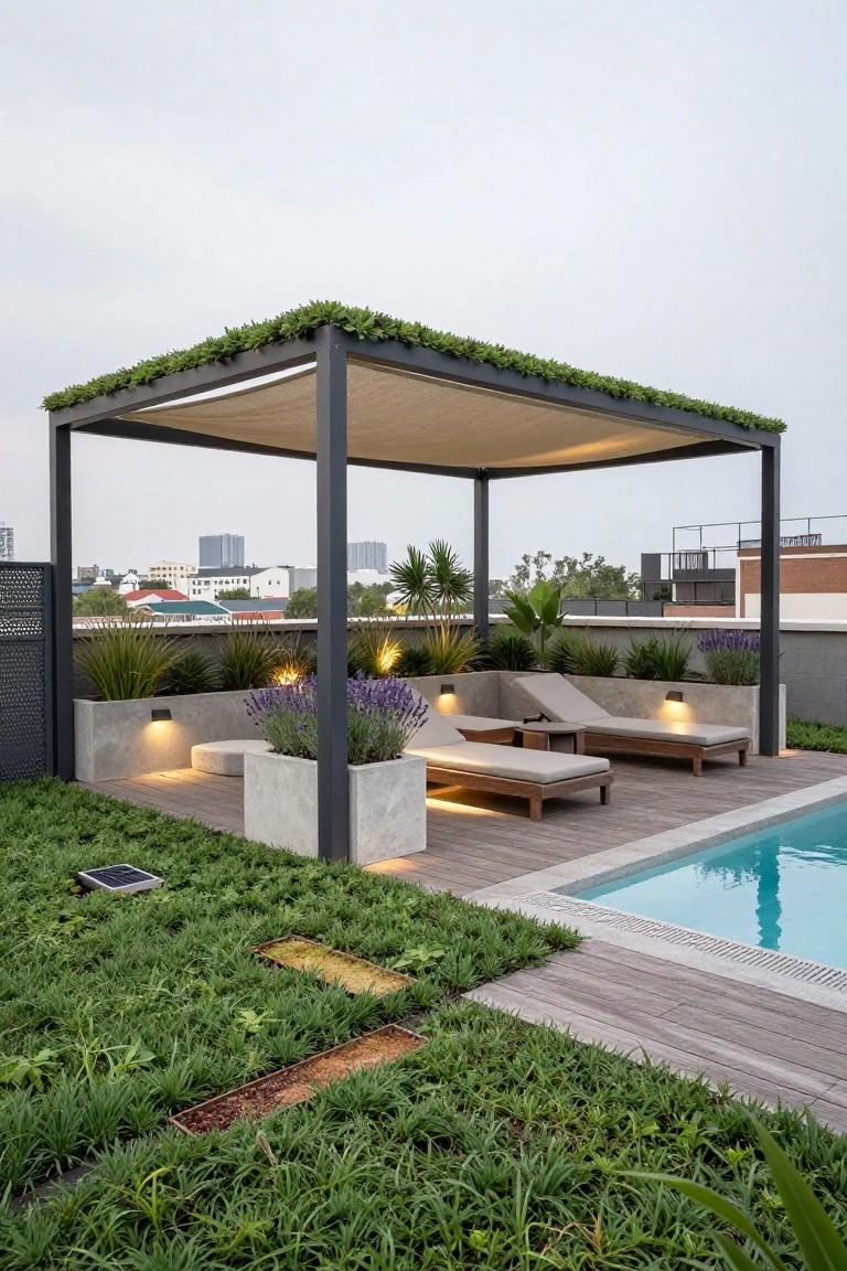 Rooftop terrace with metal pergola covered in beige fabric and topped with green plants, over two wooden lounge chairs near a small pool, surrounded by concrete planters, grasses, and city buildings in the background.