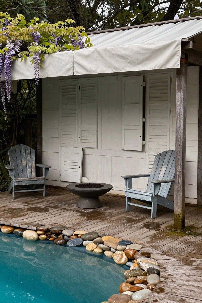 Rustic white wooden cabana with closed shutters, draped in purple wisteria vines over a canvas awning, two weathered blue Adirondack chairs facing a black stone fire pit bowl on a wet wooden deck next to a turquoise pool edged with smooth rocks.