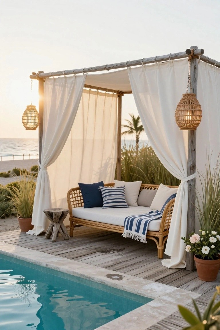 Wooden cabana frame with white draped curtains and hanging lanterns over a rattan daybed with blue and white cushions and pillows, next to a pool with beach grass and ocean view in the background.