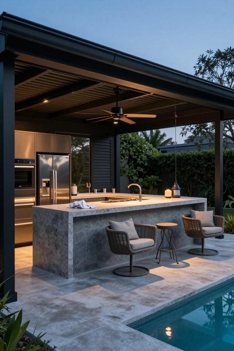 Black metal pergola covering an outdoor kitchen with gray stone counters, stainless steel appliances, rattan chairs, and a nearby pool edged in gray tiles.