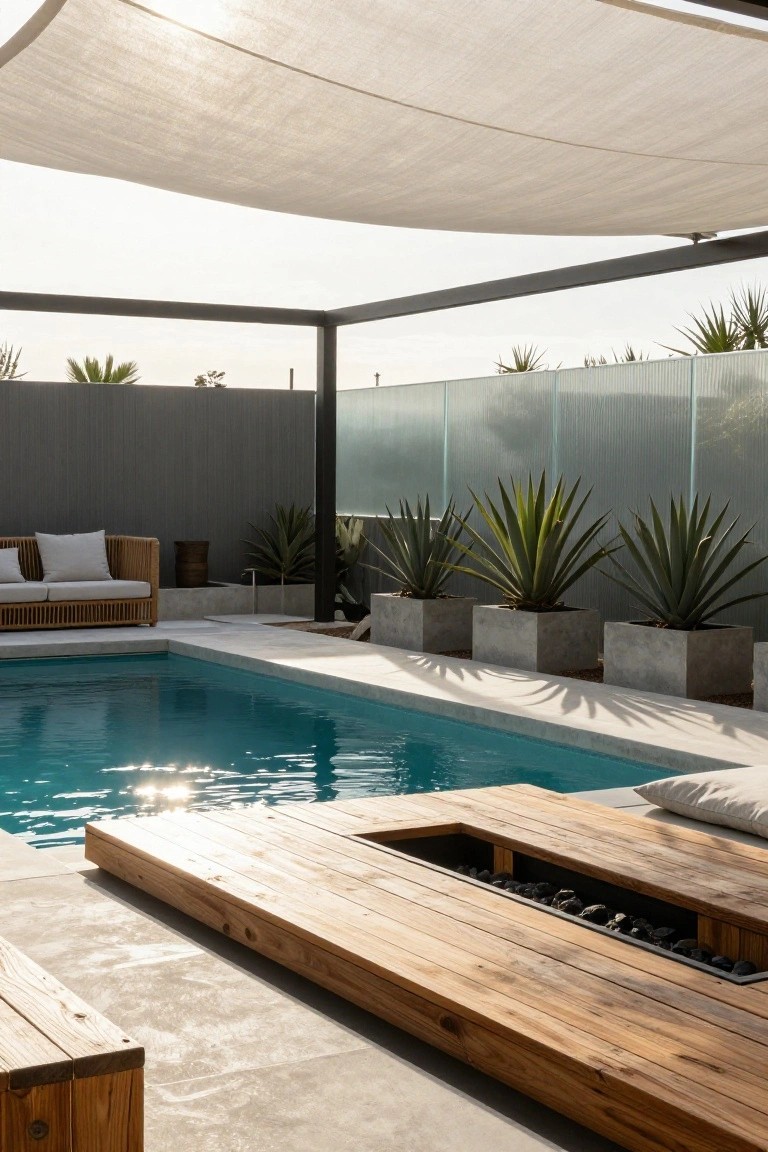 Outdoor pool area featuring a turquoise pool, wooden deck with built-in fire pit table, rattan lounge seating with cushions, potted agave plants, and a white fabric canopy stretched over a black metal pergola structure.