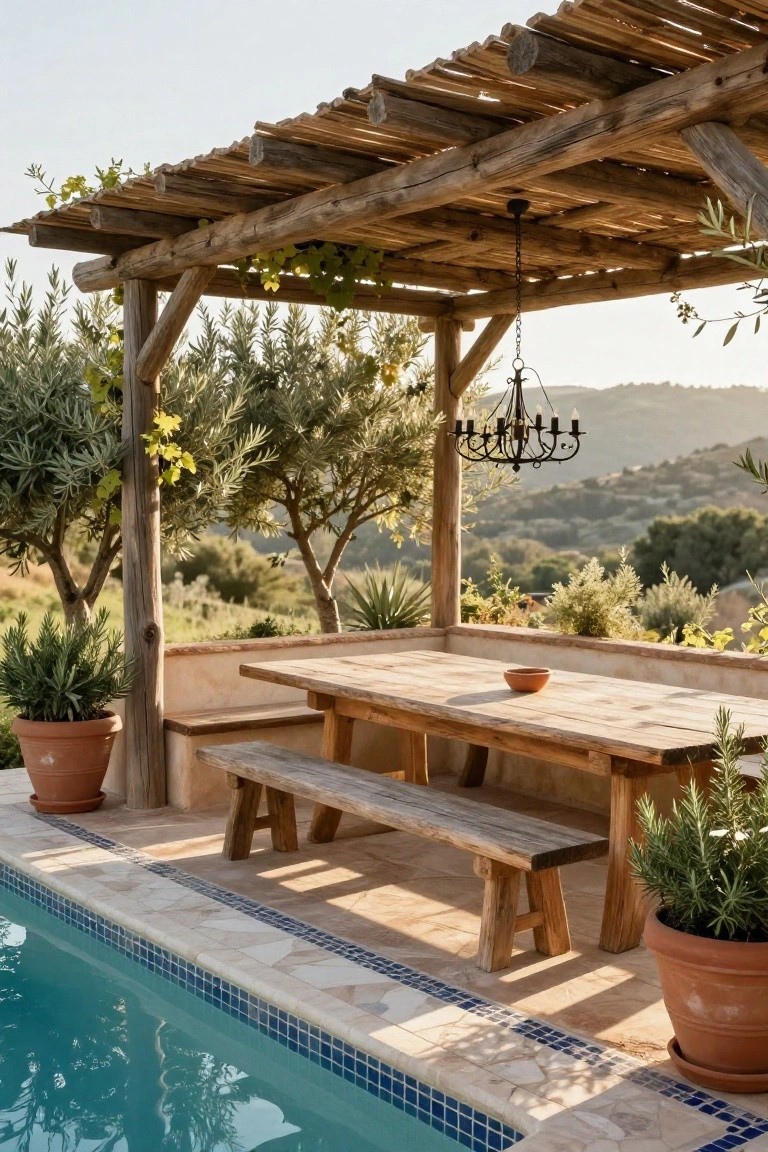 Rustic wooden pergola with vine coverage shading a long wooden table and benches next to an infinity-edge pool, surrounded by potted plants, olive trees, and a hillside landscape at sunset.
