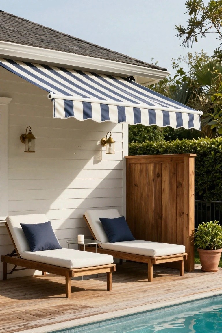White clapboard structure with blue-and-white striped retractable awning shading two white teak lounge chairs with navy cushions on a wooden deck beside an in-ground pool, with wooden privacy fence and potted plant nearby.