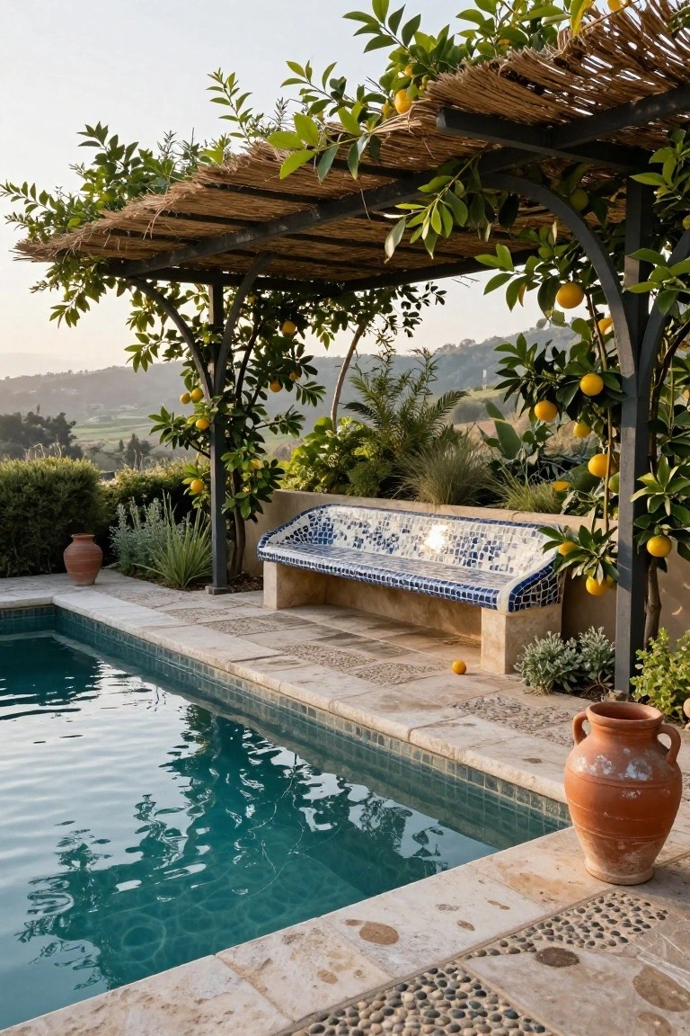 Poolside blue tiled bench under a black metal pergola with thatched roof and lemon trees, beside a turquoise pool with stone paving, terracotta pots, and greenery.