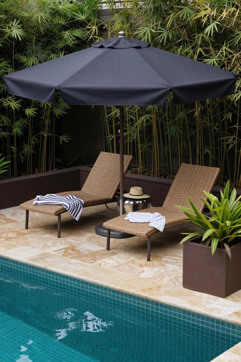 Poolside area with two rattan loungers under a large black market umbrella, striped towels draped on chairs, a hat and stainless steel bucket on a side table, potted plant nearby, and bamboo privacy screen around turquoise tiled pool.