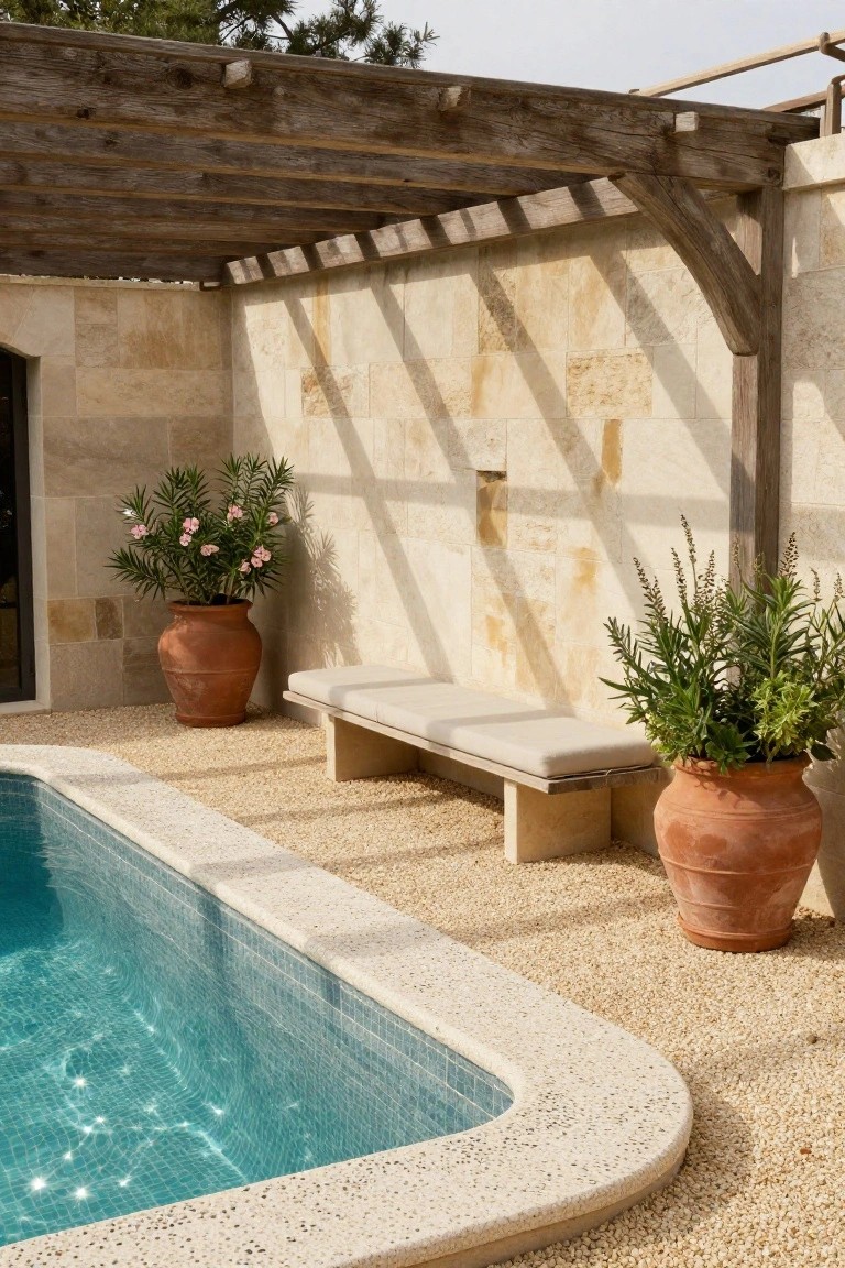 Rustic wooden pergola shading a stone bench and terracotta pots with plants beside a blue-tiled pool edged in white aggregate on pebble ground with beige stone walls.