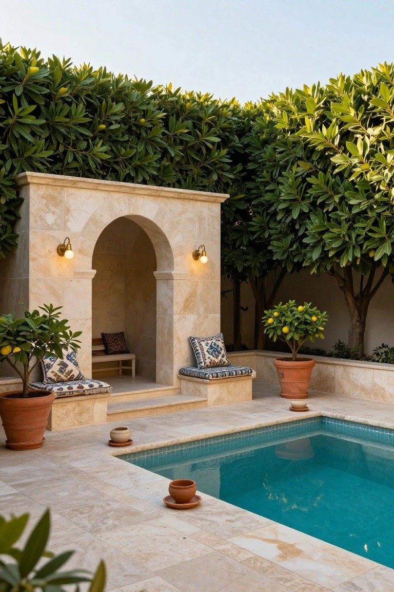 Beige stone arched alcove with built-in bench and blue cushions next to a small recessed turquoise pool on travertine paving, framed by dense green hedges and potted lemon trees.