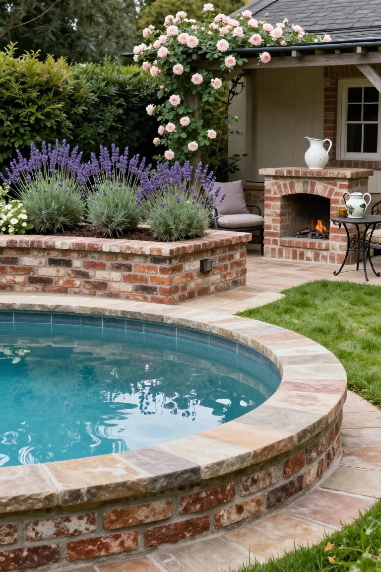 Circular turquoise recessed pool with brick and stone edging, raised brick planters filled with lavender, adjacent brick fire pit with flames and cushioned seating, small table with teapot, pink climbing roses on pergola, and green lawn nearby.