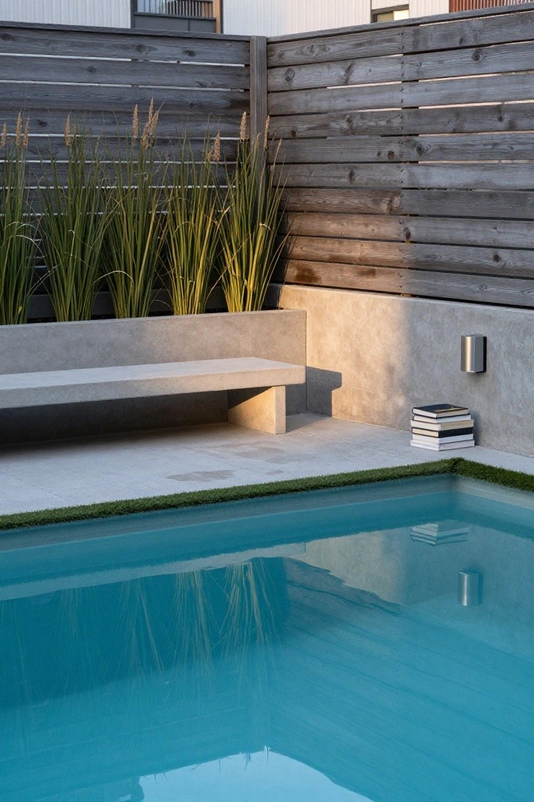 Recessed turquoise pool edged with artificial grass and concrete pavers, adjacent plain concrete bench, tall green grasses in raised bed, wooden slat fence, and stack of white books on gray wall.
