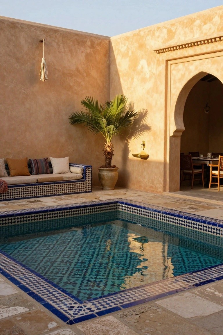 Recessed turquoise pool with intricate blue and white tilework flush to a beige stone courtyard floor, low tiled sofa with cushions, potted palm tree, brass fountain detail, and arched doorway to indoor dining area.