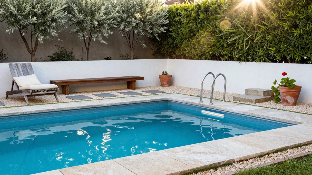 Recessed turquoise pool with travertine coping and wide surrounding patio of large beige stone pavers separated by grass strips, wooden lounge chair and bench nearby, stainless steel ladder, white wall, potted red flowers, and olive tree in background.