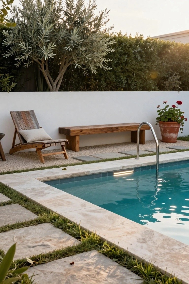 Recessed turquoise pool with travertine coping and wide surrounding patio of large beige stone pavers separated by grass strips, wooden lounge chair and bench nearby, stainless steel ladder, white wall, potted red flowers, and olive tree in background.